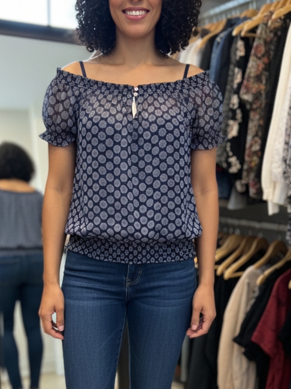 fresh Navy Off-Shoulder Printed Peasant Top